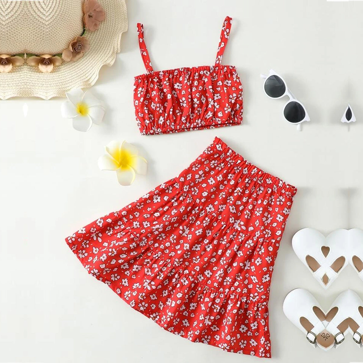 Stylish Crop Cami Top & Ditsy Layered Super Soft Skirt Set For Baby Girls.