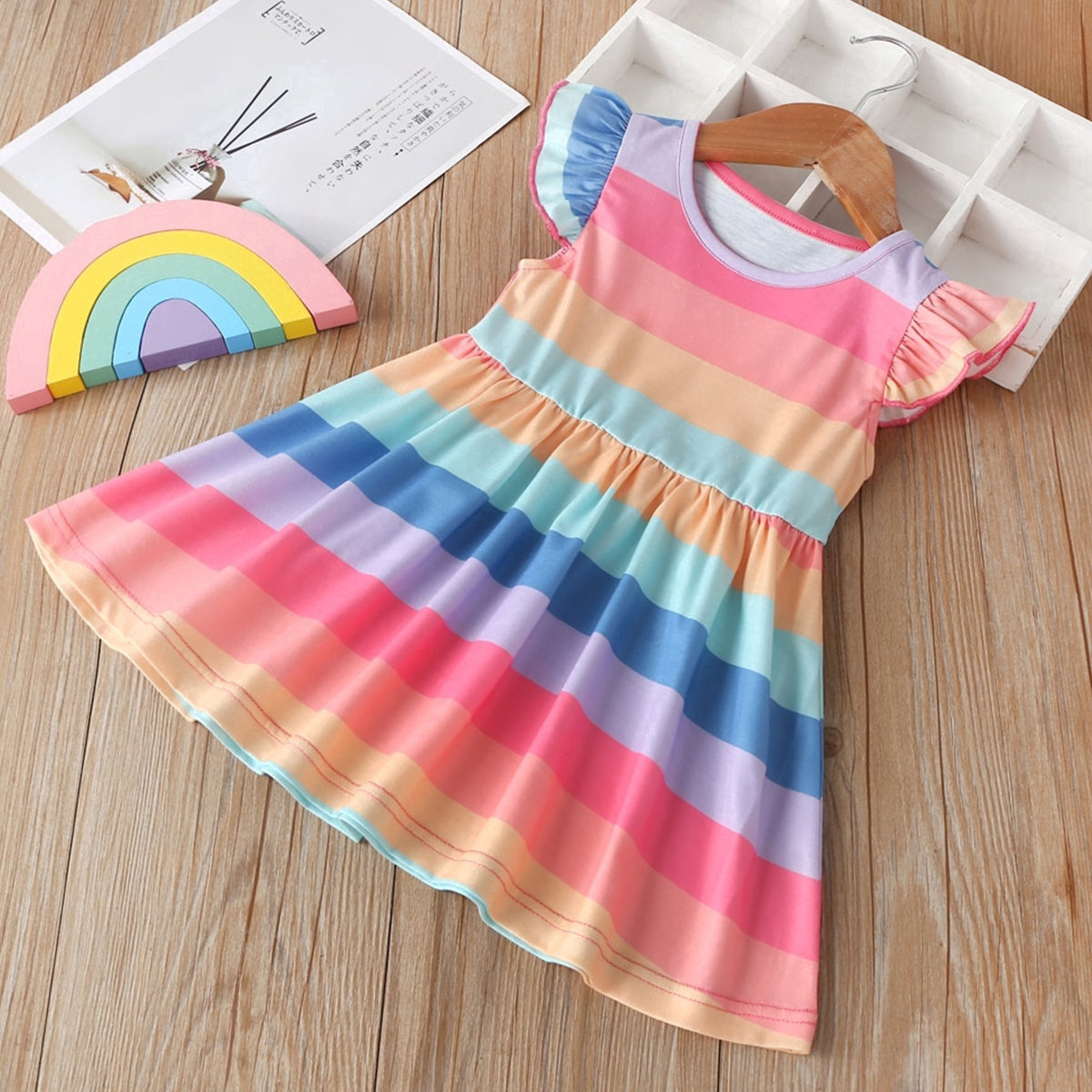 Stylish BabyGirl's White Pocket & Yellow Multi Lining & Multicolor Lining Dresses_Frocks 3 Combo for Kids.
