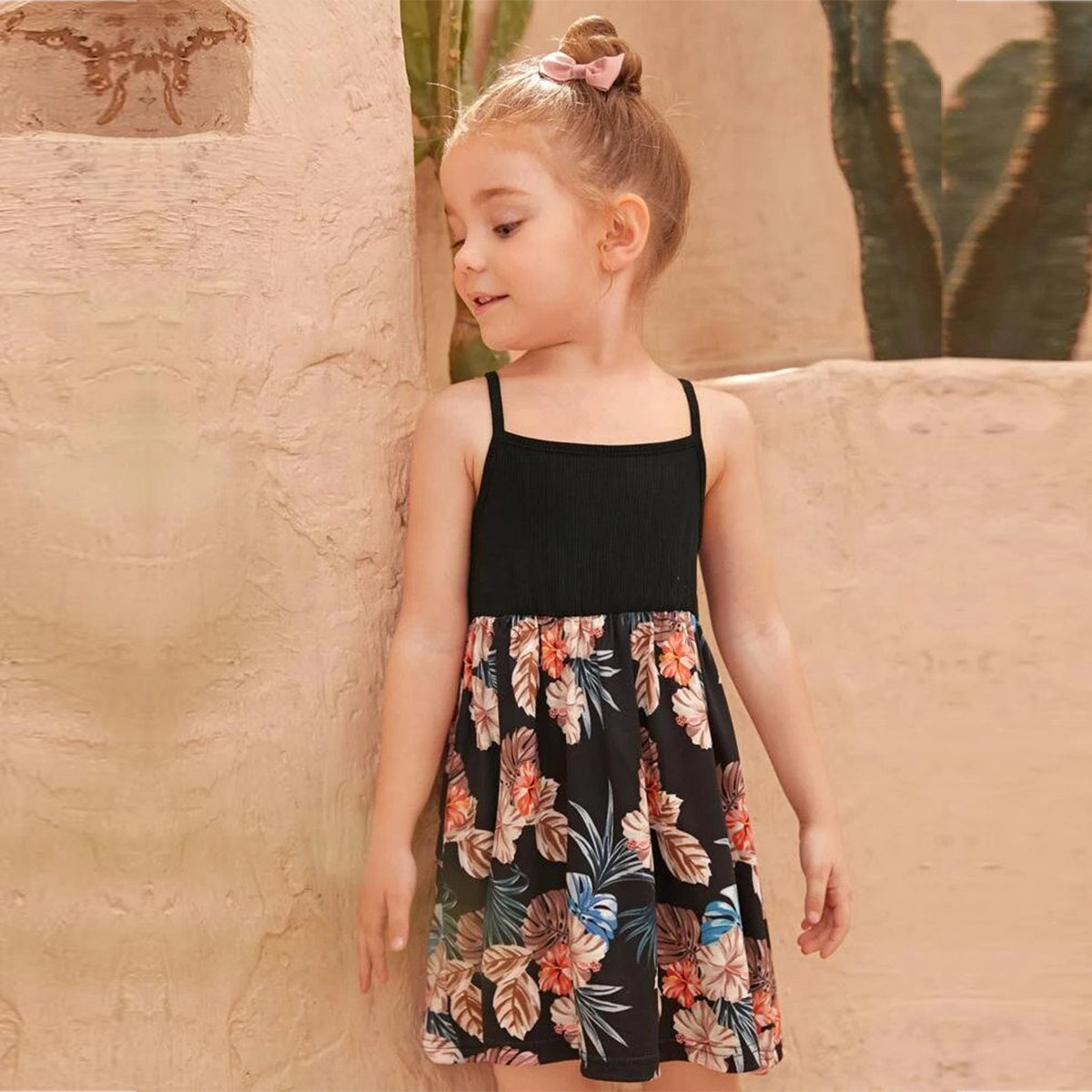 BabyGirl's Cotton Black Multicolor Foral Designer Frocks & Dresses for Kids.