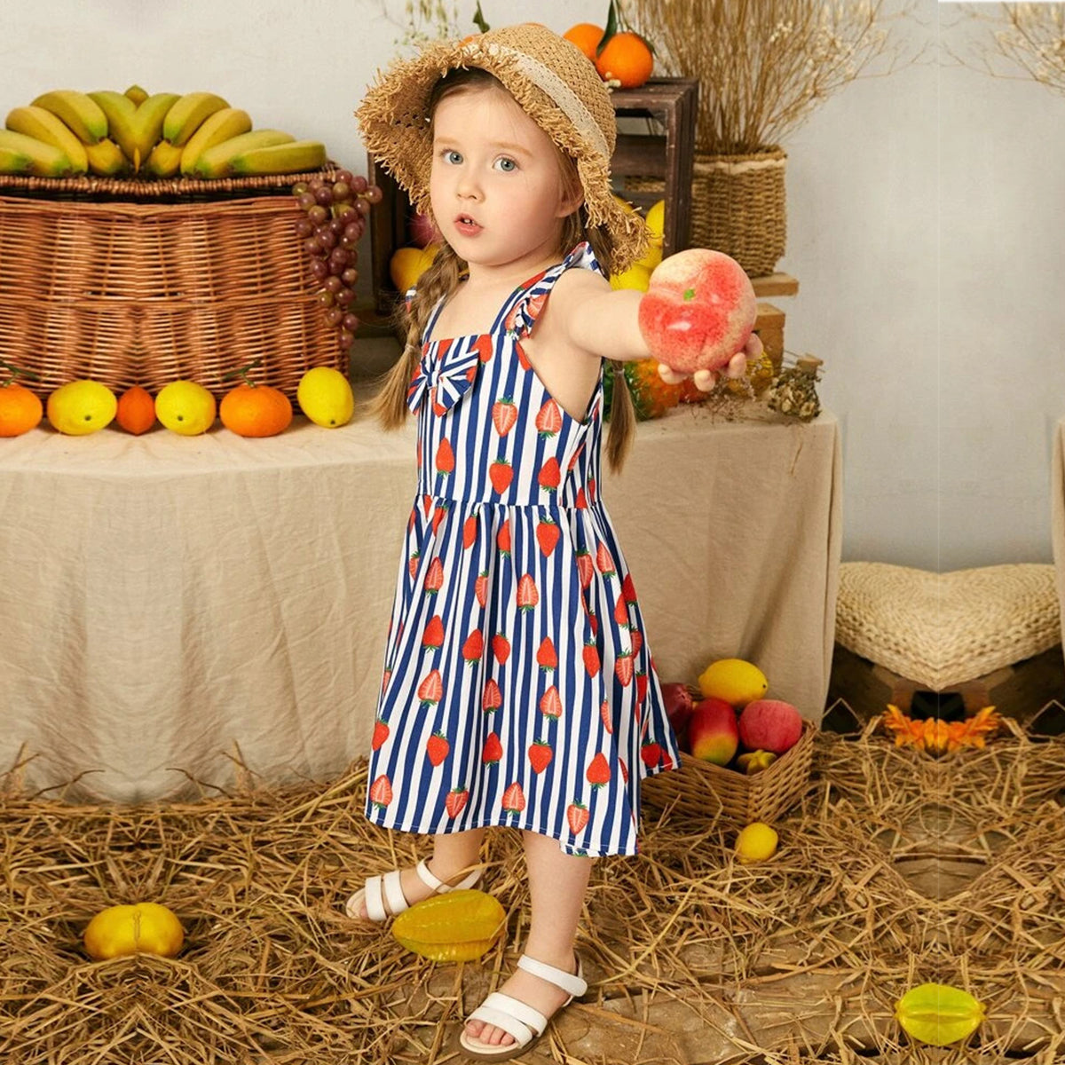 Kids New Stylish Fashion Blue Lining Strawberry Frock & Dress for Baby Girls.
