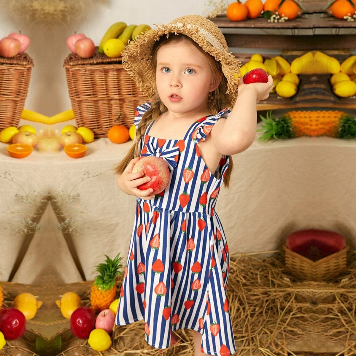 Kids New Stylish Fashion Blue Lining Strawberry Frock & Dress for Baby Girls.
