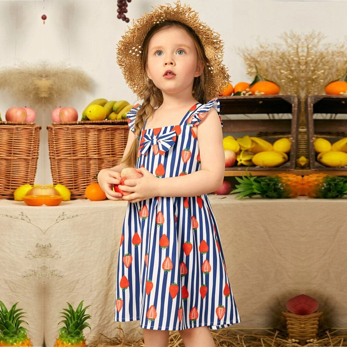 Kids New Stylish Fashion Blue Lining Strawberry Frock & Dress for Baby Girls.