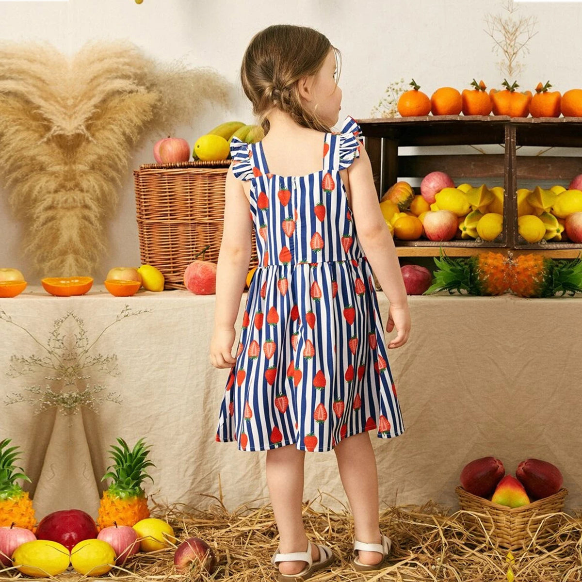 Kids New Stylish Fashion Blue Lining Strawberry Frock & Dress for Baby Girls.