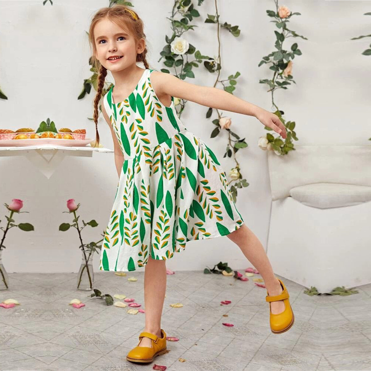 Stylish Colorfull Green Floral Designer Midi Frock_Dresses for Baby Girl.