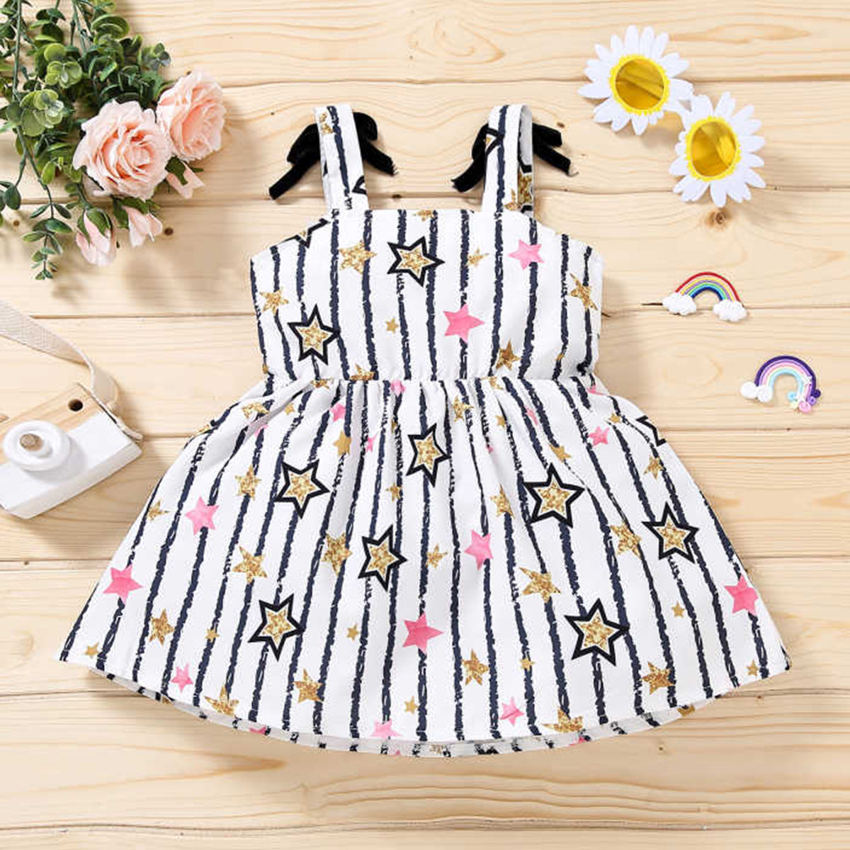 Babydoll Stylish Star Black Lining Multicolor Frocks & Dresses for Baby Girls.
