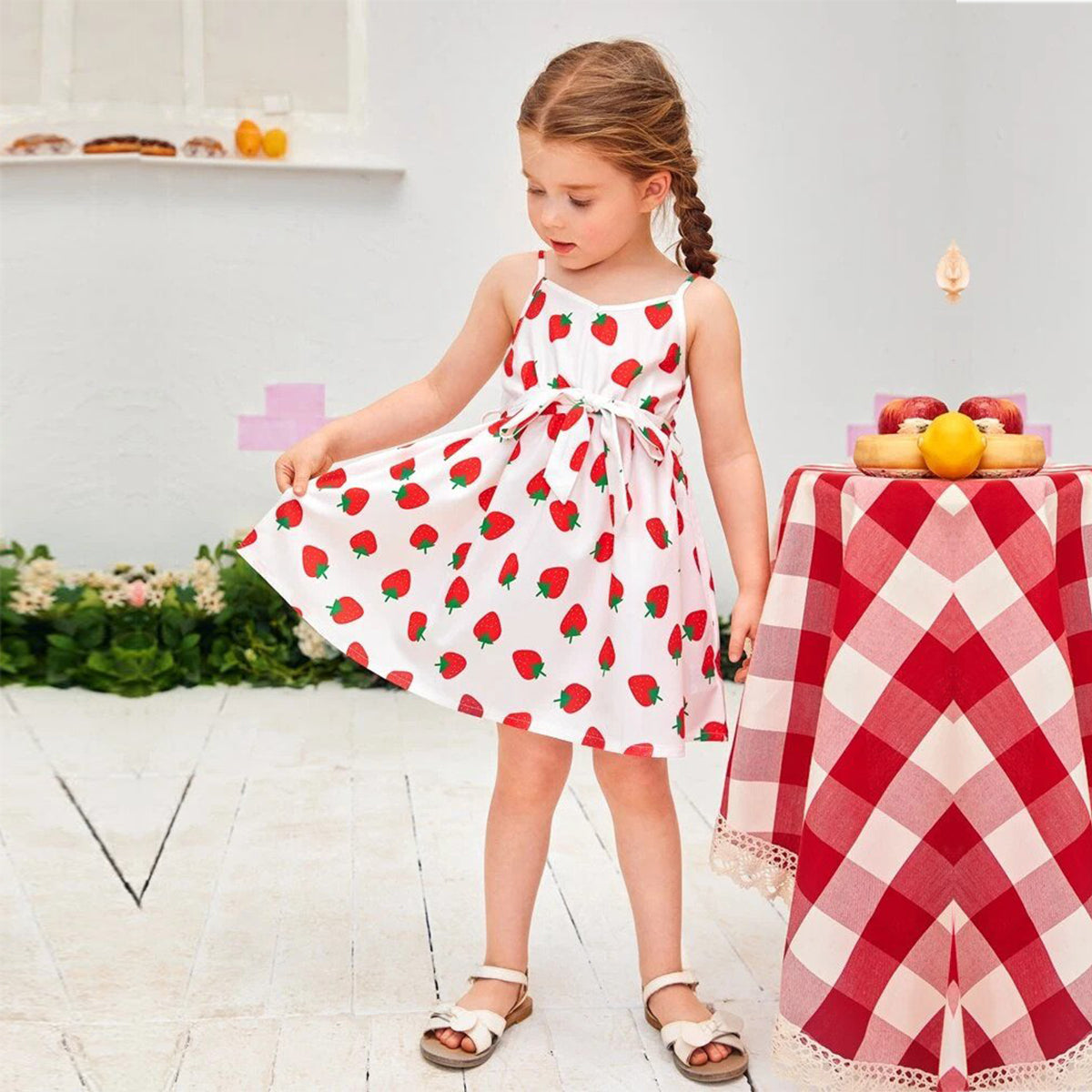 Toddler Girls Stylish Allover Strawberry Belted Designer Frocks for Baby Girl.