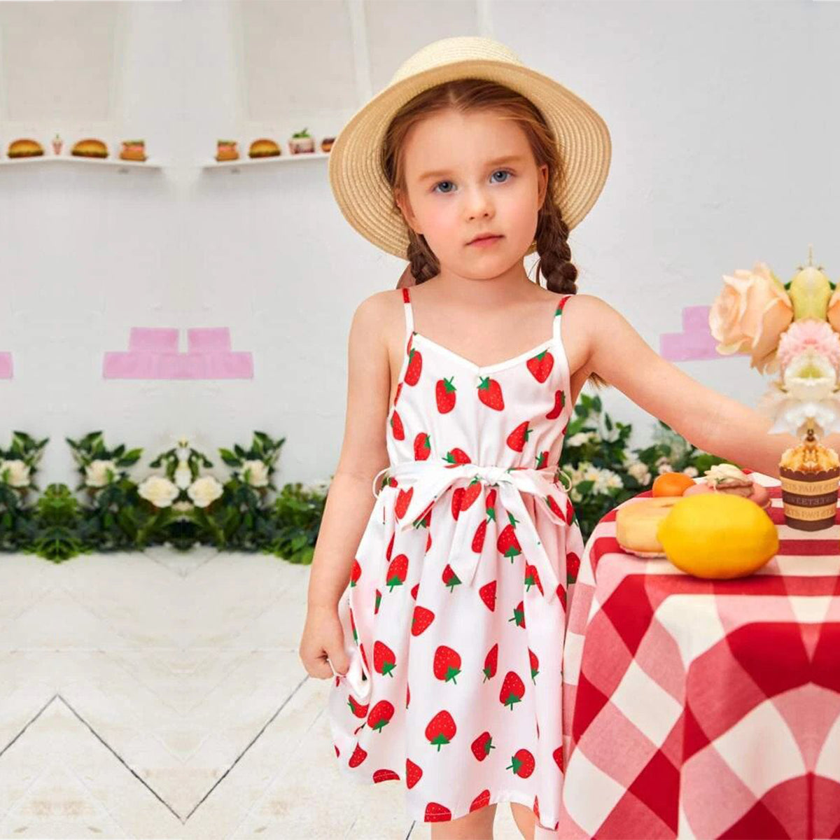 Toddler Girls Stylish Allover Strawberry Belted Designer Frocks for Baby Girl.