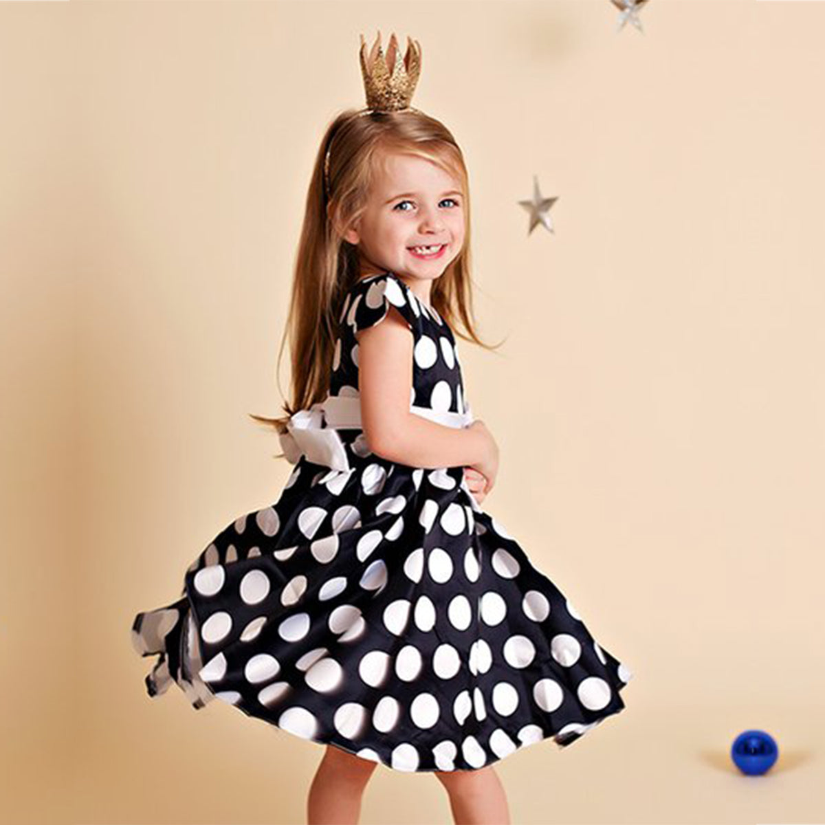 Toddler Girls Polka White_Black Dot Belted Designer Frocks for Baby Girl.