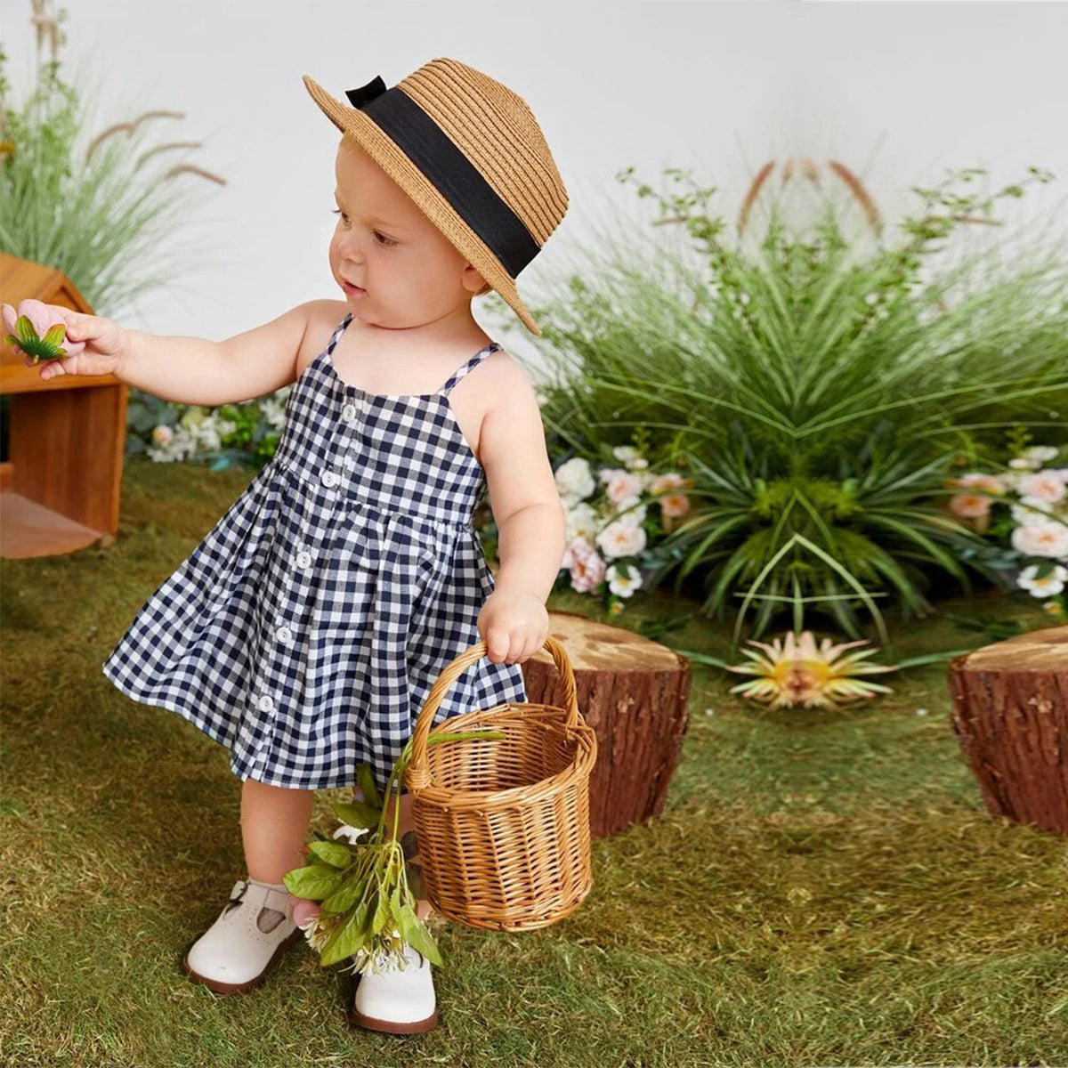 Girls Gingham White_Black Button Front Designer Frocks for Baby Girl.