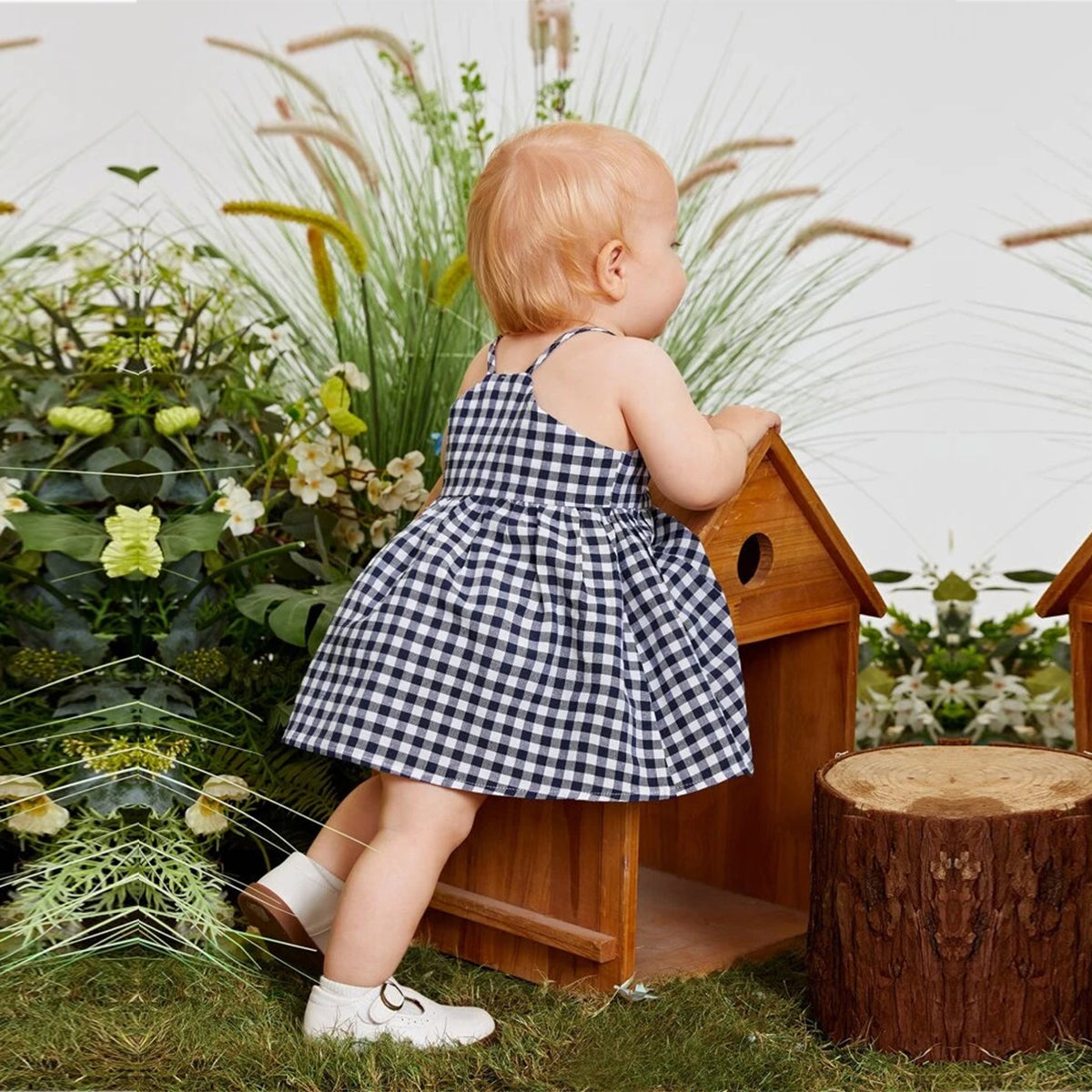 Girls Gingham White_Black Button Front Designer Frocks for Baby Girl.