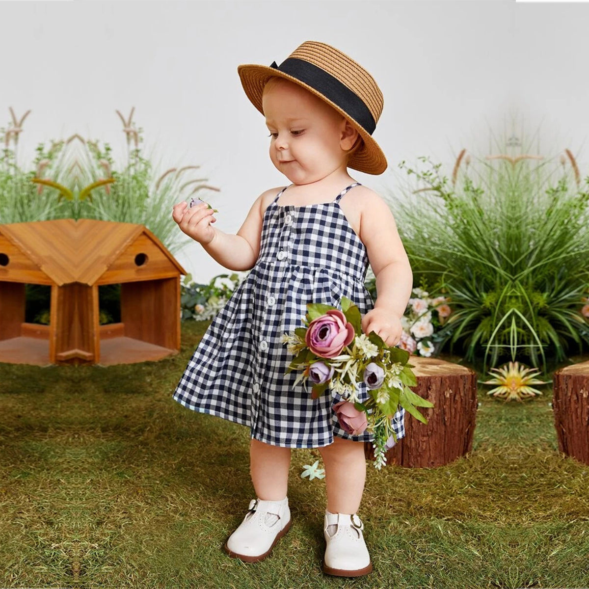 Girls Gingham White_Black Button Front Designer Frocks for Baby Girl.