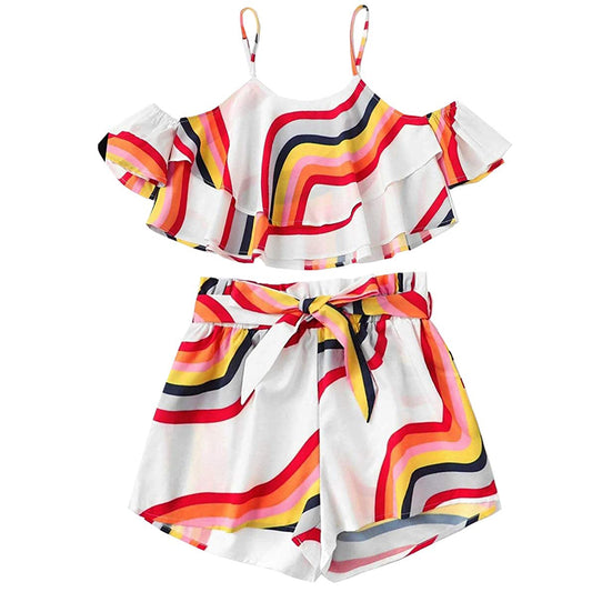 BabyGirl's Off Shoulder Lining Top Sleeveless And Stripes Shorts Set For Kids.