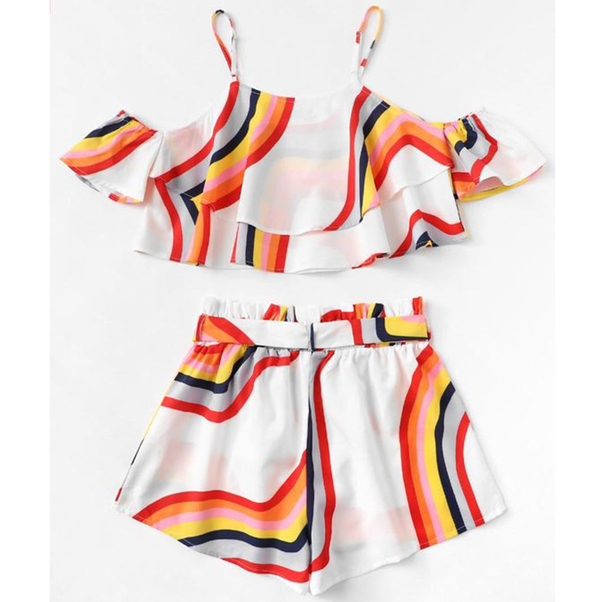 BabyGirl's Off Shoulder Lining Top Sleeveless And Stripes Shorts Set For Kids.