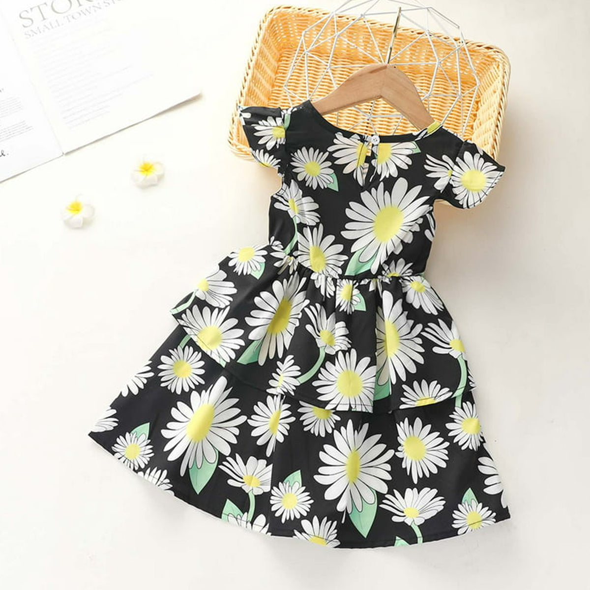 Kids New Fashion Floral Print Layered Sleeve Designer Dresses & Frocks for Baby Girls.