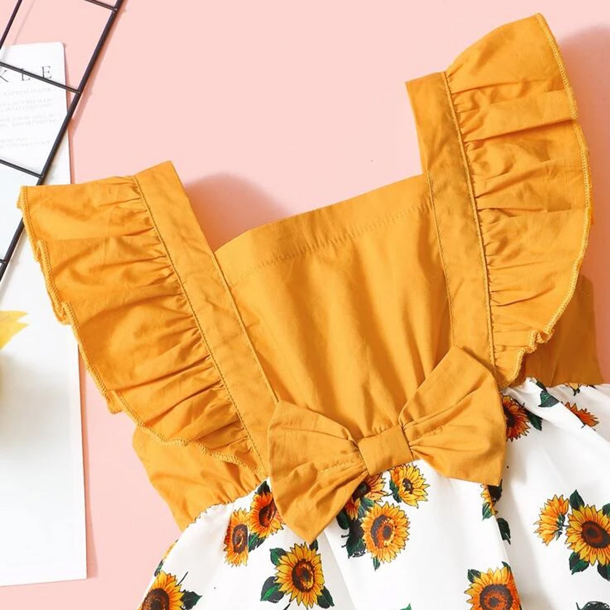 Venutaloza Babydoll Sunflower Print Bow Ruffle Trim Designer Frocks & Dresses for Baby Girl.