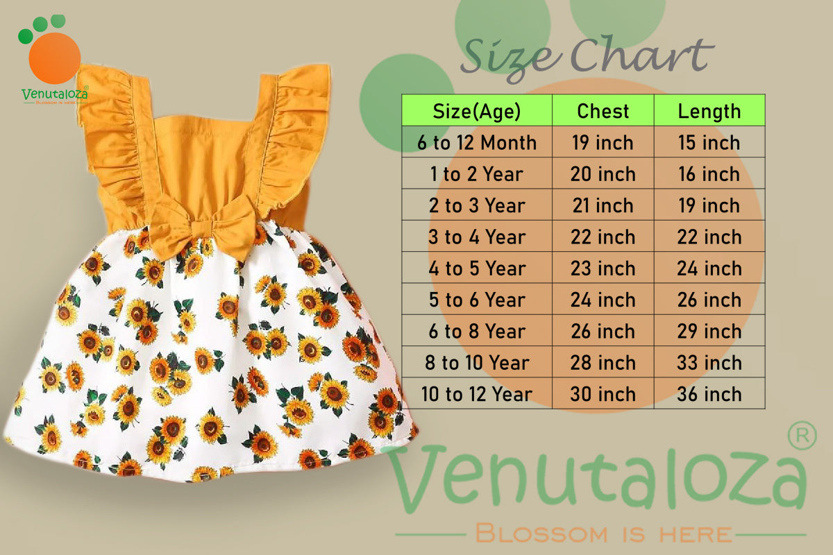 Venutaloza Babydoll Sunflower Print Bow Ruffle Trim Designer Frocks & Dresses for Baby Girl.