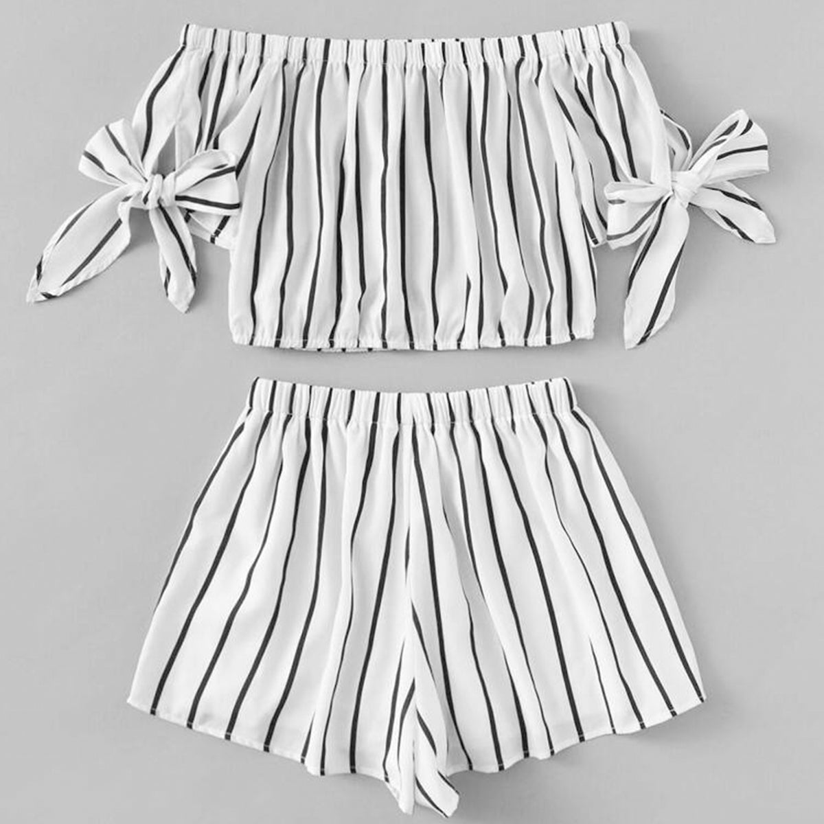 BabyGirl's Off Shoulder Top And Stripes Shorts Set For Kids.