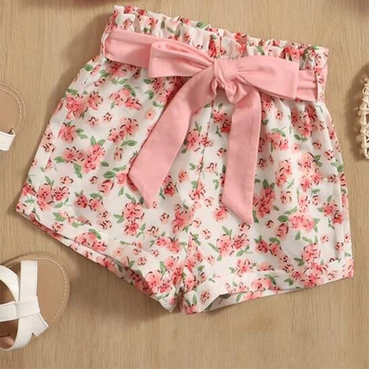 Crop Pink Floral Stylish Butterfly Belted Shorts For Baby Girls.