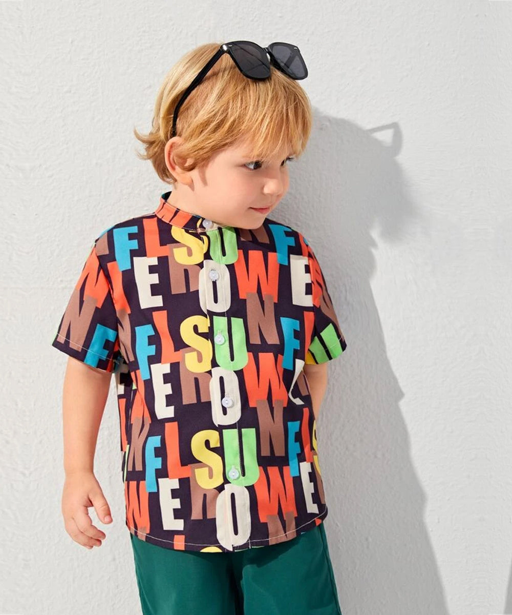 VENUTALOZA Letter Graphic Mock Neck & Button Front Shirt For Boy.