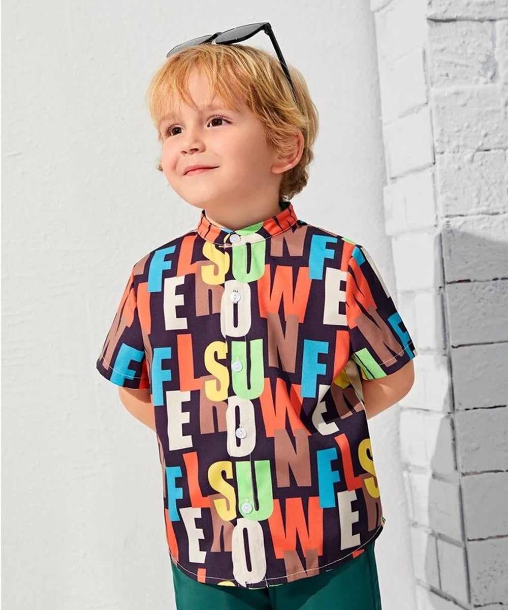 VENUTALOZA Letter Graphic Mock Neck & Button Front Shirt For Boy.