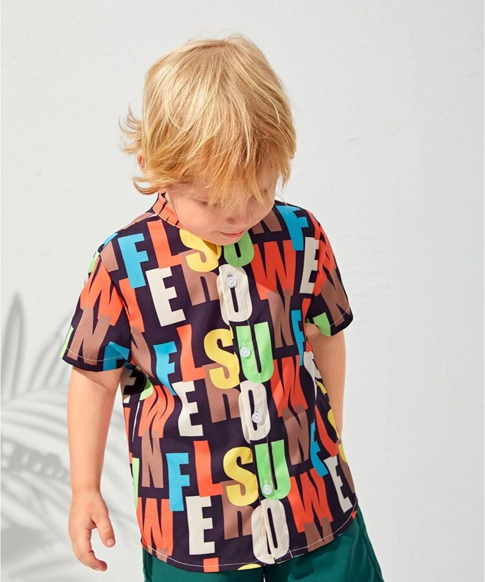 VENUTALOZA Letter Graphic Mock Neck & Button Front Shirt For Boy.