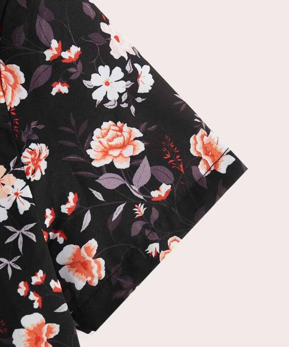 Venutaloza Black Floral Panel Button up Short Sleeve Shirt For Boy.