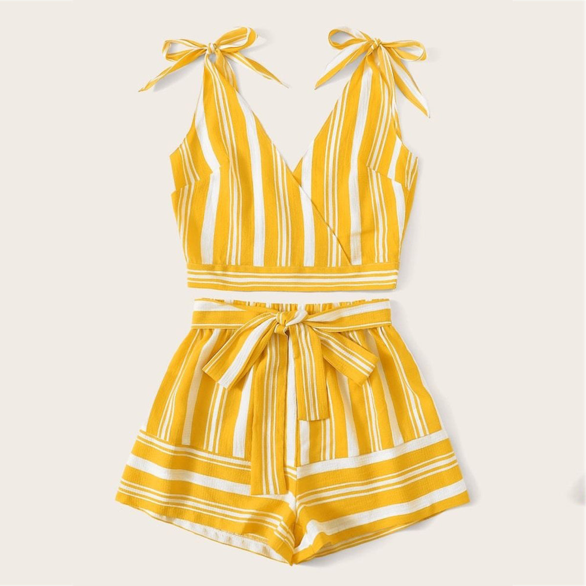 Crop Stylish Yellow Lining Top Sleeveless And Shorts For Baby Girls.