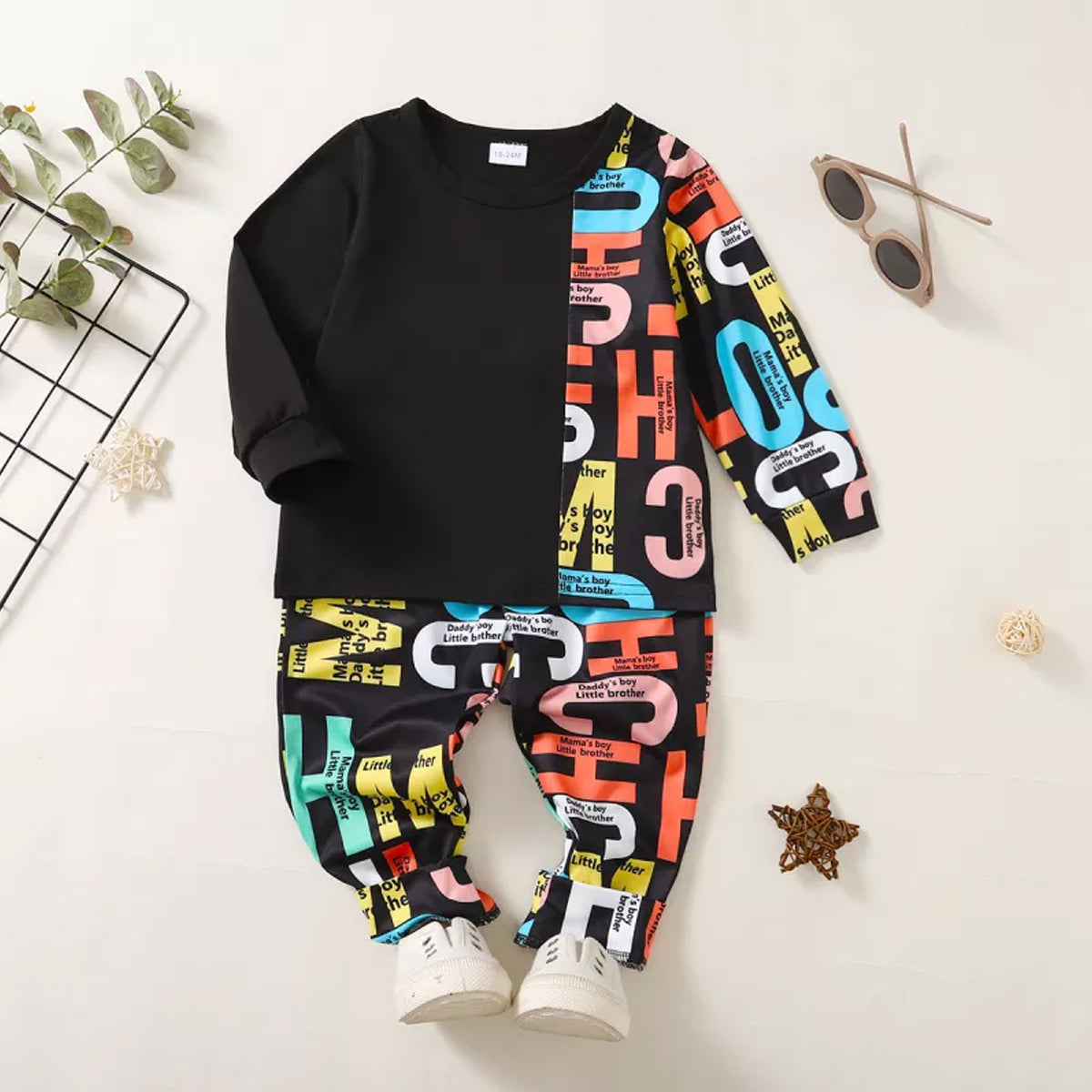 Venutaloza Boys Alphabet Letter Patchwork Set T_Shirt & Pent.