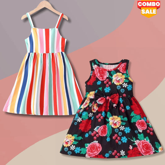 BabyGirl's Stylish Floral & Vertical Striped Tunic Dresses_Frocks Combo for Kids.