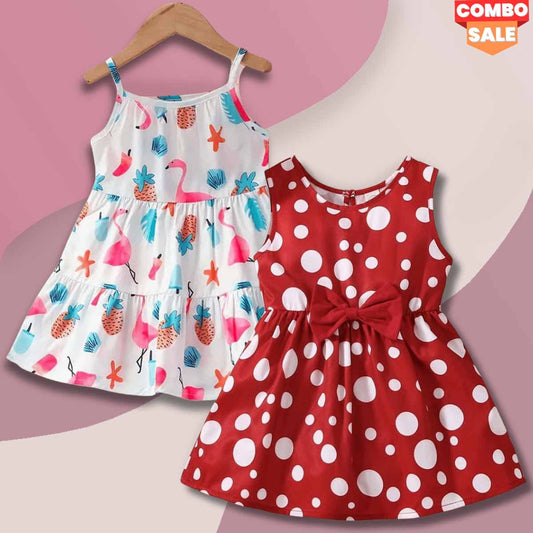 BabyGirl's Stylish Flamingo & Dot Red Ruffle Trim Frock Dresses_Frocks (Combo Pack Of 2)  for Baby Girl.