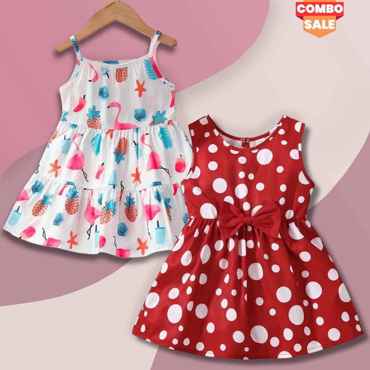 BabyGirl's Stylish Flamingo & Dot Red Ruffle Trim Frock Dresses_Frocks (Combo Pack Of 2)  for Baby Girl.