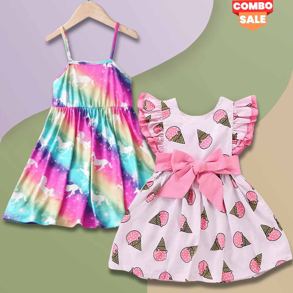 Princess BabyGirl's Multi Horse & Ice Cream Designer Tunic Dresses_Frocks (Combo Pack Of 2) for Kids.