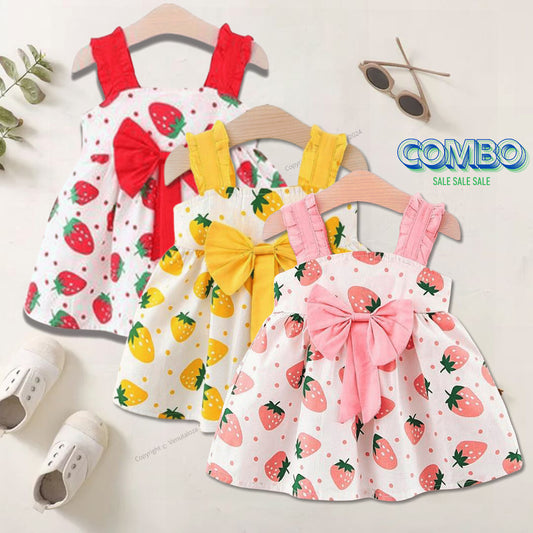 Baby Strawberry Printed Ruffle Trim Dresses_Frocks 3 Combo for Kids.