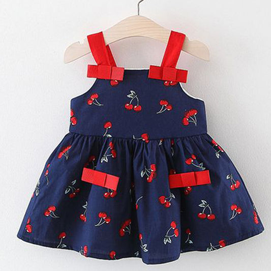 Baby Girl Sleeveless Fruits Printed Dress in Navy Color For Girls.