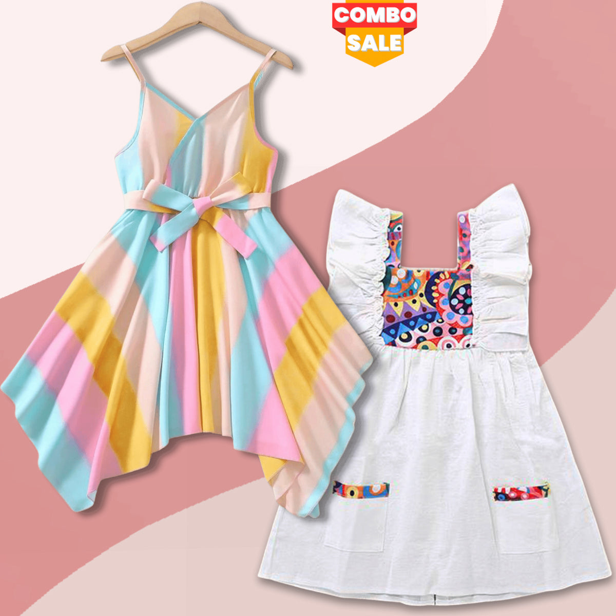 BabyGirl's Stylish Multicolor & White Tunic Dresses_Frocks ( Combo Pack of 2) for Kids.