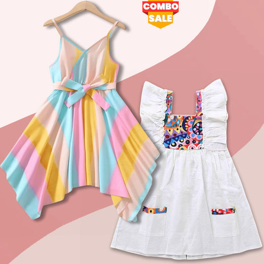 BabyGirl's Stylish Multicolor & White Tunic Dresses_Frocks ( Combo Pack of 2) for Kids.