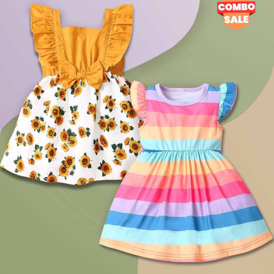BabyGirl Princess Multi Lining & Sun Floewer Tunic Dress (Combo Pack Of 2) for Baby Girls.