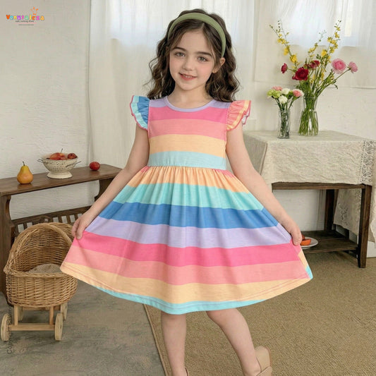 Kids Stylish Colorfull Strips Design Midi Frock Dress for Baby Girl.