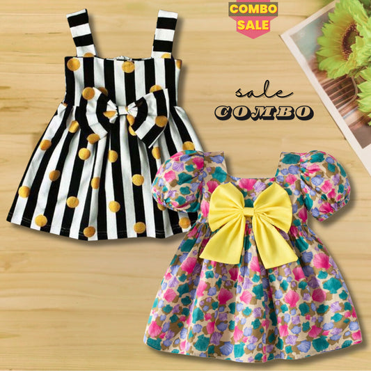 Girl's Puff Sleeve Floral & Black Line Frocks (Combo Pack Of 2) For Girl's.