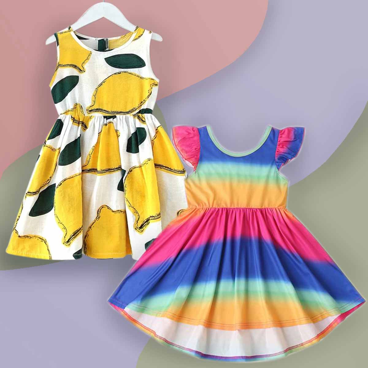 BabyGirl Cotton Multi Lining & Yellow Lemon Tunic Dress Combo Pack for Baby Girls.