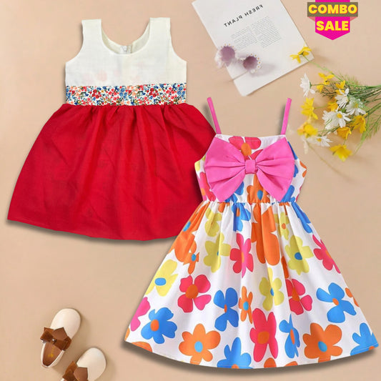 Toddler Girl's Floral With White Red Belted Sleeveless Dress (Combo Pack Of 2) For Girls.