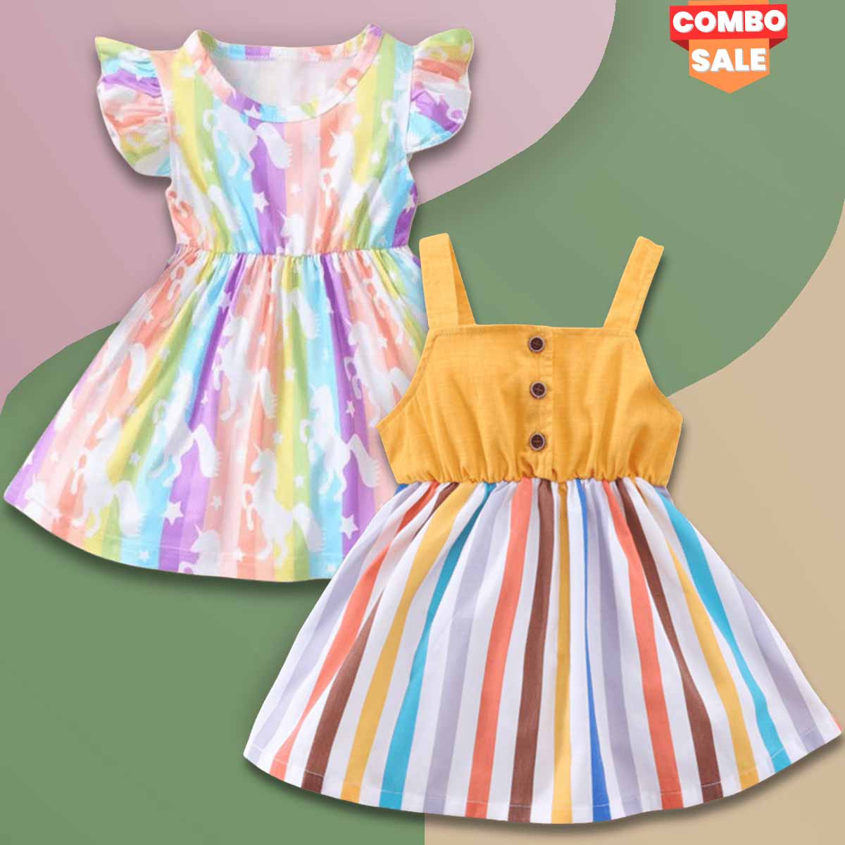 Baby Girl StylishYellow Lining & Multi Horse Tunic Dress (Combo Pack Of 2) Pack for Baby Girls..