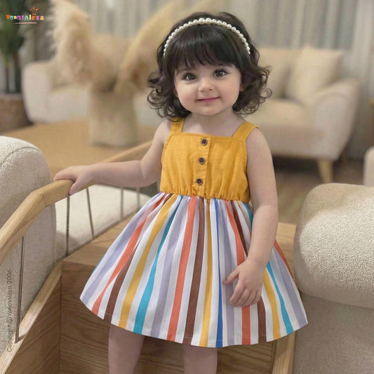 Kids Stylish Yellow Lining Designer Midi Frock Dress for Baby Girl.