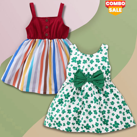 BabyGirl Stylish Green Floral & Red Lining Dresses_Frocks (Combo Pack Of 2) for Baby Girls.