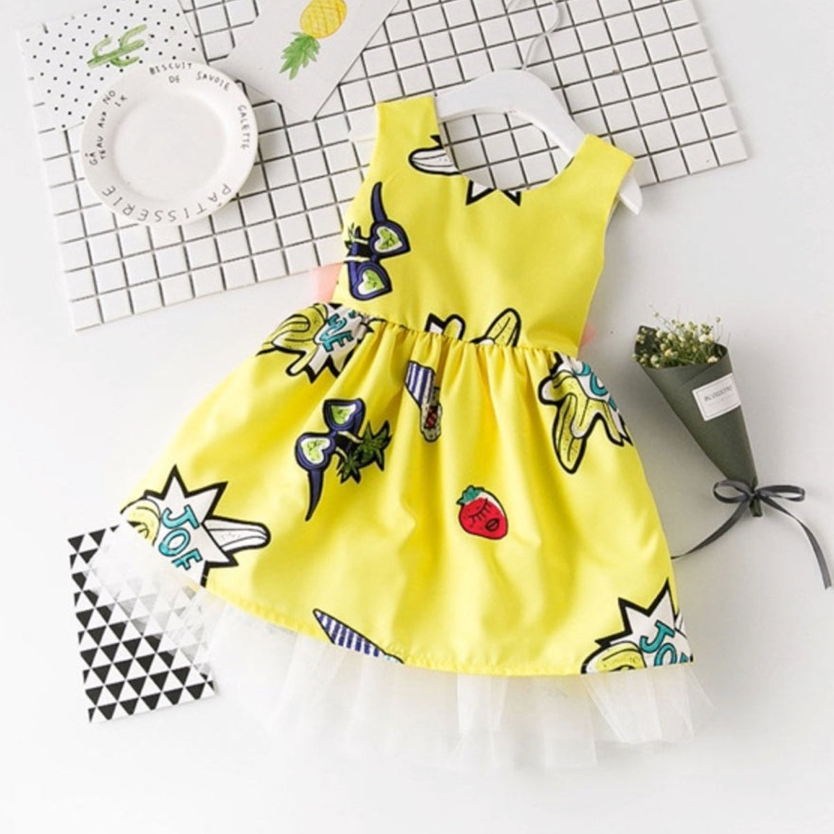 Baby Girl's Stylish Designer Black Floral & Yellow Strawberry Tunic Dresses (Combo Pack Of 2) for Baby Girl.