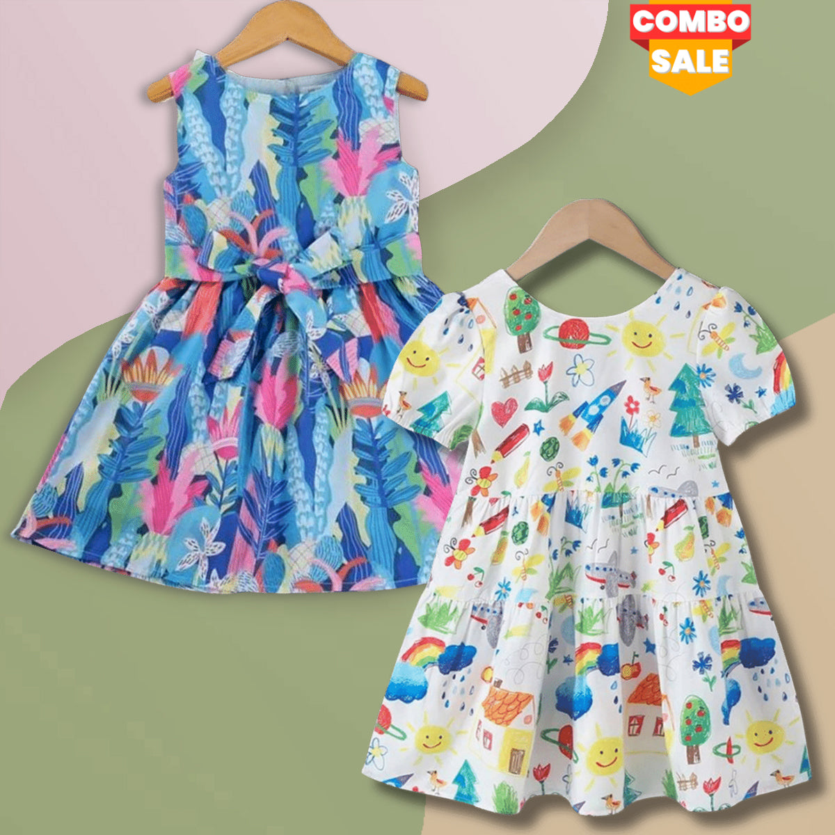BabyGirl Cotton Pencil Drawing & Multicolor Designer Tunic Dress Combo Pack for Baby Girls.