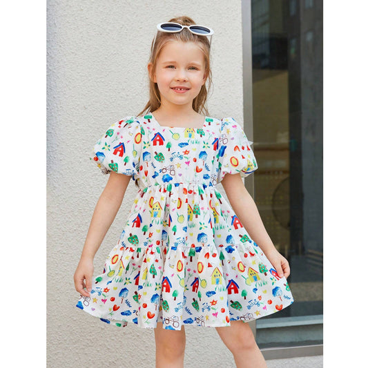 Kids Stylish Colorfull Drowing Design Midi Frock Dress for Baby Girl.