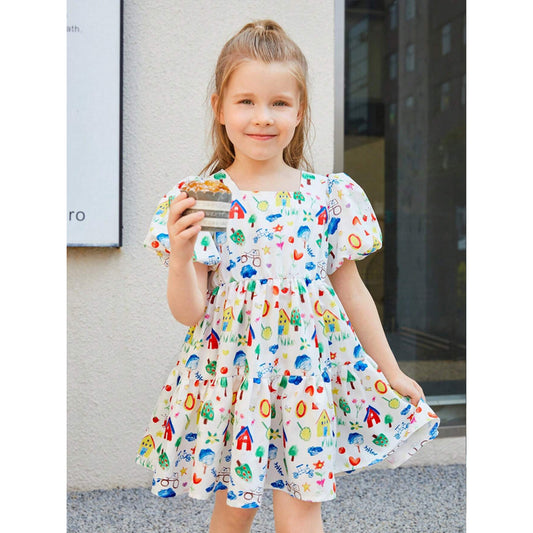 Kids Stylish Colorfull Drowing Design Midi Frock Dress for Baby Girl.