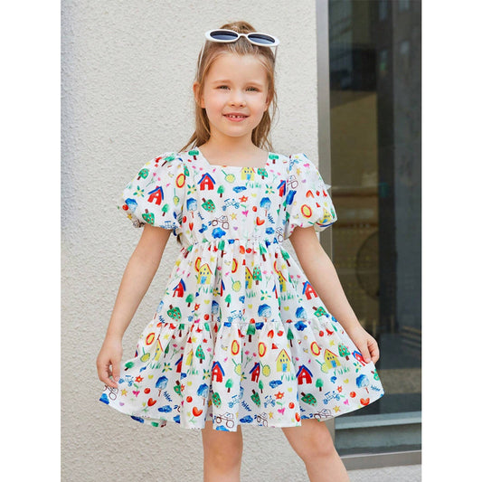 Kids Stylish Colorfull Drowing Design Midi Frock Dress for Baby Girl.