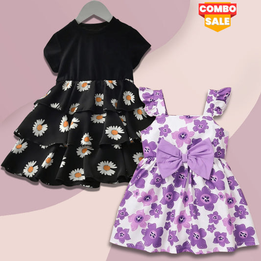 BabyGirl Black Multi Sunflower & Floral Designer Dresses_Frocks (Combo Pack Of 2) for Baby Girls.